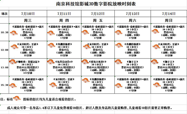 南京科技館3D數(shù)字影院放映時(shí)刻表（7.10—7.14）
