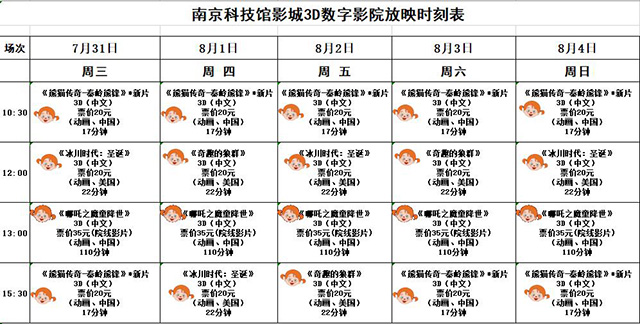 南京科技館3D數(shù)字影院放映時刻表（7.31—8.4）
