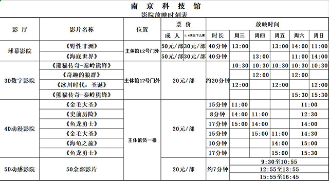 南京科技館日常影院放映時刻表