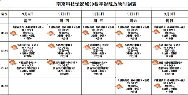 南京科技館3D數(shù)字影院放映時刻表（9.4-9.8）
