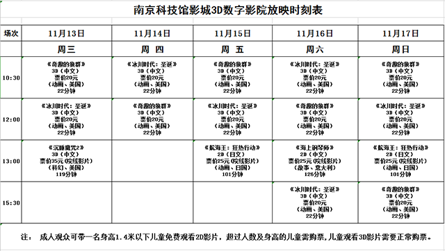 南京科技館3D數(shù)字影院放映時刻表（11.13—11.17）