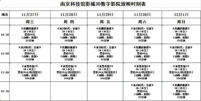 南京科技館3D數(shù)字影院放映時刻表（11.27-12.1）
