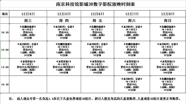 南京科技館3D數(shù)字影院放映時(shí)刻表（12.4—12.8）