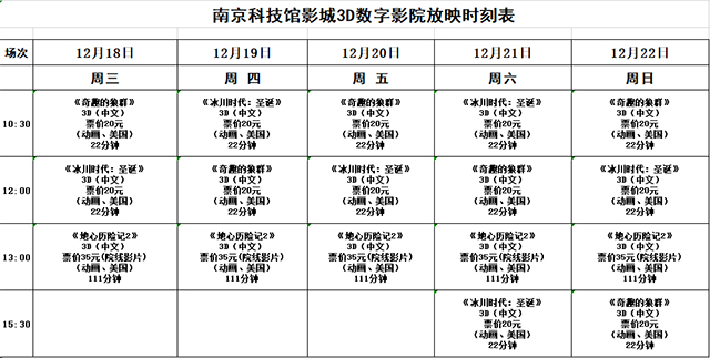 南京科技館3D數(shù)字影院放映時(shí)刻表（12.18-12.22）