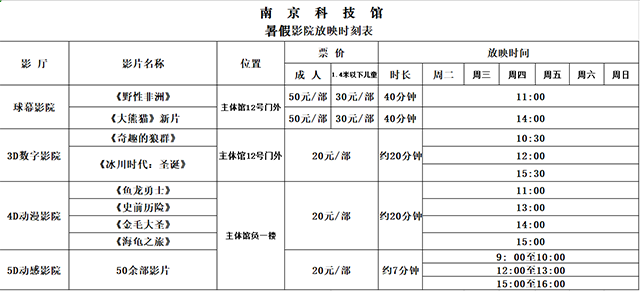 南京科技館暑假影院放映時刻表