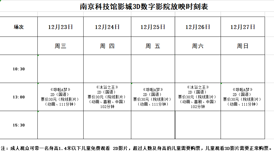 南京科技館3D數(shù)字影院放映時(shí)刻表（12.23—12.27）