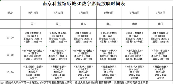 南京科技館3D數(shù)字影院放映時(shí)刻表（2.16—2.21）