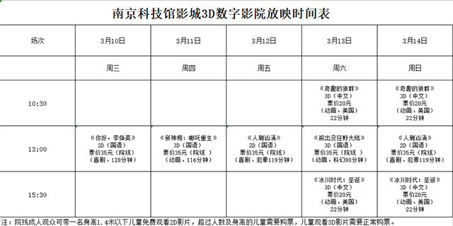 南京科技館3D數(shù)字影院放映時刻表（3.10—3.14）