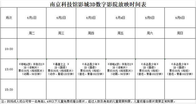 南京科技館3D數(shù)字影院放映時(shí)刻表（6.1—6.6）