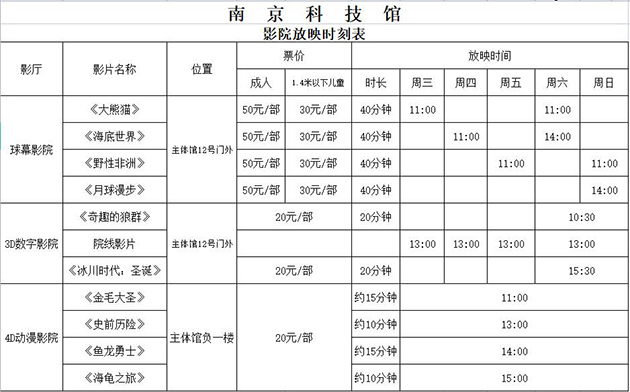 南京科技館影科技院時刻表