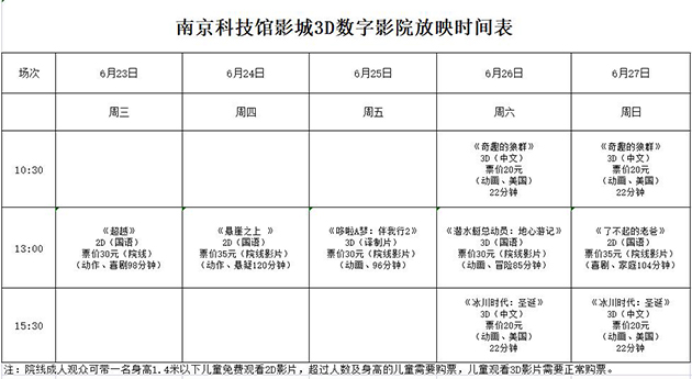 南京科技館3D數(shù)字影院放映時刻表（6.23—6.27）
