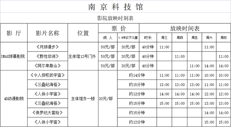 南京科技館影院放映時間表（日常）