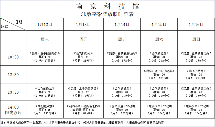 南京科技館3D數(shù)字影院放映時(shí)刻表（2022.1.12—1.16）