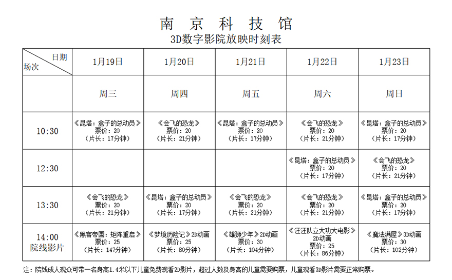 南京科技館3D數(shù)字影院放映時(shí)刻表（2022.1.19—1.23）