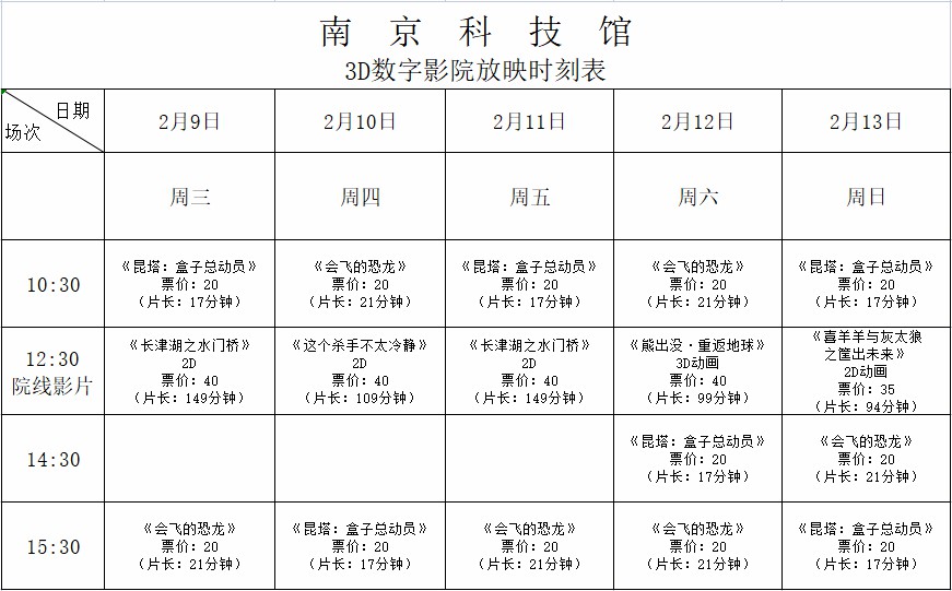 南京科技館3D數(shù)字影院放映時(shí)刻表（2022.2.9—2.13）