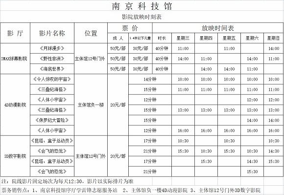 南京科技館影院放映時(shí)刻表（日常）