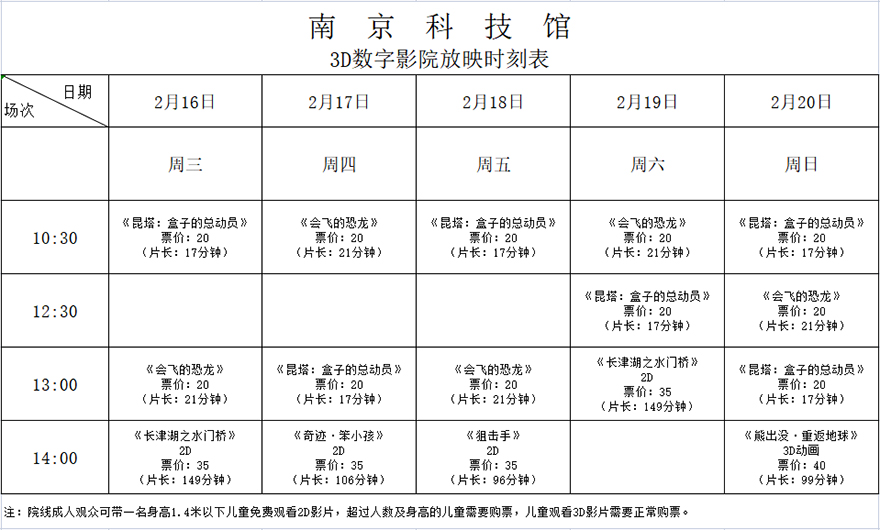 南京科技館3D數(shù)字影院放映時(shí)刻表（2.16—2.20）